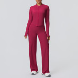 New cross-border solid color brushed breathable zip-up jacket and wide-leg yoga outfit set for sports, running, and fitness two-piece set