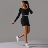 Cross-border European and American seamless knitted solid color polka dot high-elastic tight-fitting breathable yoga outfit set for running and fitness two-piece set