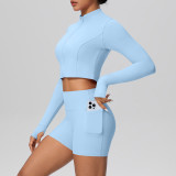 In-stock cross-border solid color brushed fabric nude-feel short jacket set with tight-fitting pocket shorts, two-piece fitness yoga outfit