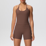 Cross-border solid color brushed fabric backless tight-fitting halter neck pocket yoga outfit set with sports running shorts two-piece set