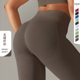 Cross-border European and American tight-fitting seamless knitted high-waisted tummy-control solid color yoga pants for sports, running, and fitness