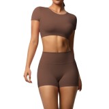 In-stock cross-border solid color double-sided brushed yoga outfit with chest support, running sports fitness short two-piece set for women