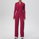 Cross-border solid color brushed tight-fitting one-shoulder tank top, wide-leg long pants, three-piece sports running fitness yoga outfit set