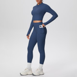 In-stock cross-border solid color brushed fabric nude-feel short jacket set with tight-fitting pockets for running, fitness, and yoga, two-piece set