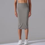 Nude-feel high-waisted tight-fitting bodycon skirt, sports midi skirt, high-elasticity, brushed fabric, mid-length, slit, casual yoga skirt for women