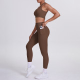 Cross-border European and American double-sided brushed nylon one-shoulder yoga outfit set with sports running fitness pocket pants two-piece set
