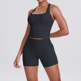 Cross-border brushed solid color tight-fitting racerback pocket shorts sports suit for running, fitness, and yoga two-piece set