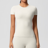 In-stock cross-border solid color double-sided brushed tight-fitting sports short-sleeve T-shirt for women, suitable for running, fitness, and yoga
