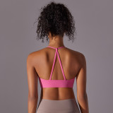 New brushed double-sided nylon solid color cross-back sports bra for women, suitable for running, fitness, and yoga