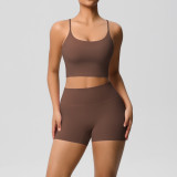 New cross-border brushed solid color beautiful back tight breathable yoga outfit set for women, suitable for sports, running, and fitness