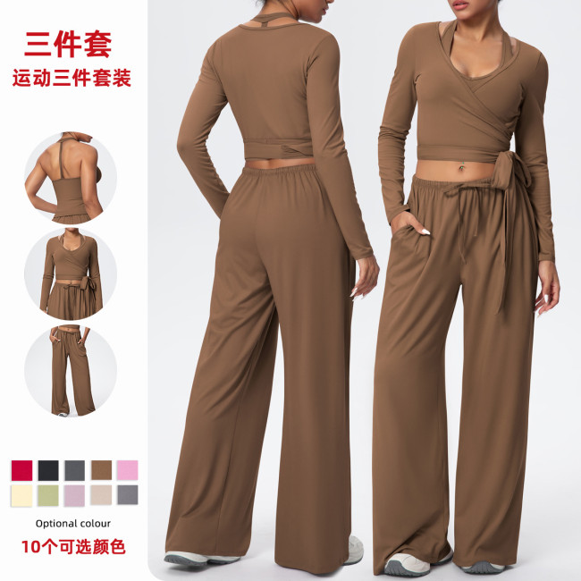 New cross-border solid color double-sided brushed drawstring long-sleeve vest three-piece sports running fitness yoga outfit set