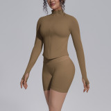 Cross-border seamless solid color tight-fitting high-elastic breathable stand-up collar zip-up jacket sports running fitness yoga outfit for women