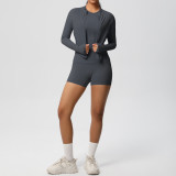 New cross-border breathable tight-fitting brushed long-sleeve jacket fitness yoga outfit solid color three-piece gym sportswear for women