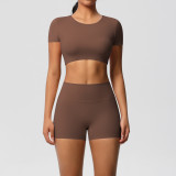 New cross-border European and American solid color double-sided brushed breathable tight-fitting yoga outfit set for sports, running, and fitness, eight-piece set