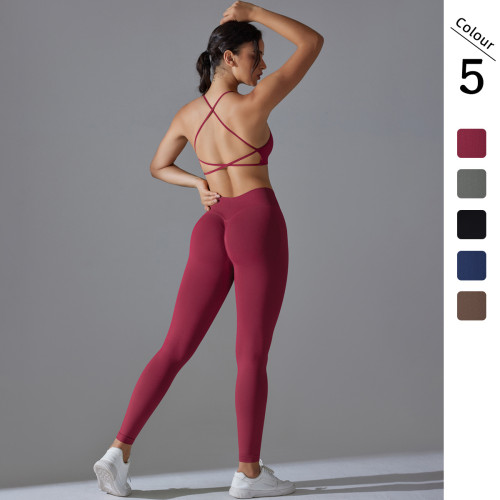 New cross-border seamless solid color tight-fitting cross-back sports bra yoga set for women, suitable for running and fitness