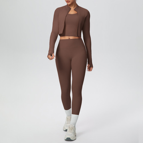 Cross-border solid color brushed tight-fitting high-elastic breathable long tank top three-piece sports running fitness yoga outfit set