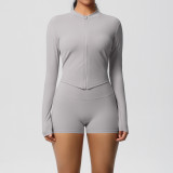 In-stock cross-border double-sided brushed solid color tight-fitting zip-up jacket yoga outfit sports running fitness set for women