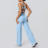 Cross-border European and American double-sided nylon brushed one-shoulder yoga outfit set for women, suitable for sports, running, and fitness, with wide-leg two-piece design