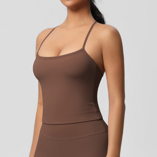In-stock cross-border double-sided brushed solid color tight-fitting long sports bra with beautiful back design for running, fitness, and yoga for women