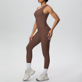 New cross-border double-sided brushed fabric seamless tight-fitting one-shoulder tank top sports set for running, fitness, and yoga, two-piece set