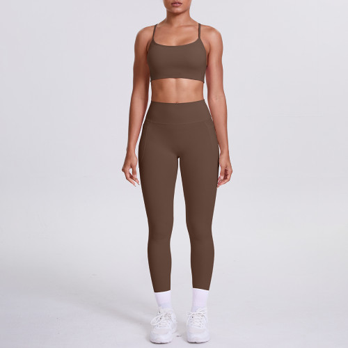 Cross-border double-sided nylon tight-fitting cross-back sports yoga outfit with pockets, two-piece set for running and fitness