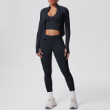 Cross-border seamless solid color tight-fitting breathable high-elasticity yoga outfit set for sports, running, and fitness, three-piece yoga set