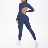 New cross-border double-sided nylon solid color backless hollow long-sleeve jumpsuit for sports, running, fitness, and yoga
