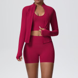 Cross-border seamless solid color high-elastic tight-fitting breathable short jacket yoga outfit sports running fitness three-piece set
