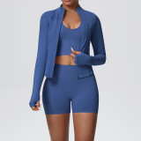 Cross-border seamless solid color high-elastic tight-fitting breathable short jacket yoga outfit sports running fitness three-piece set
