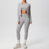 In-stock cross-border solid color brushed breathable tight-fitting fitness jacket three-piece sports running yoga outfit for women