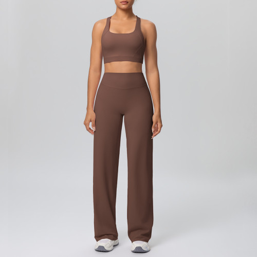 Cross-border European and American solid color double-sided brushed fabric cross-back sports bra yoga outfit set for running and fitness two-piece set