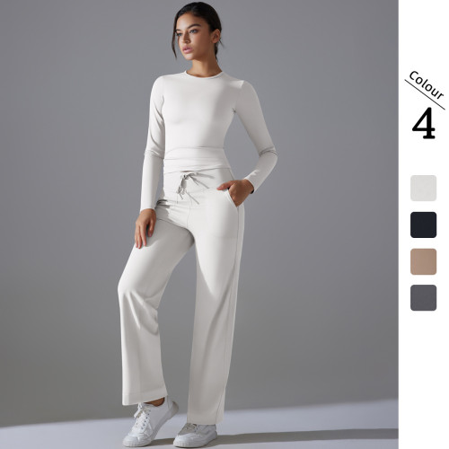 Cross-border double-sided nylon solid color long-sleeve yoga outfit set, high-waisted wide-leg sports running fitness two-piece set
