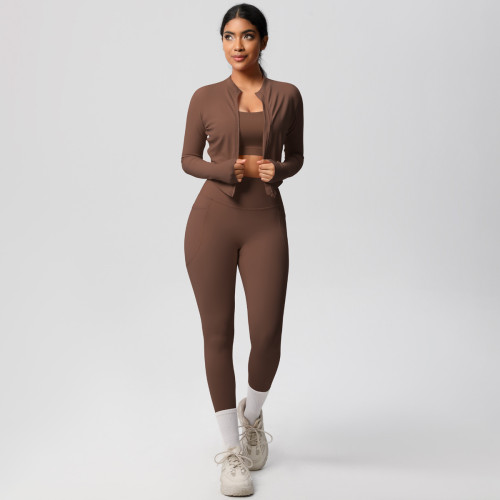 Cross-border cloud-feel brushed fabric sports bra with zipper jacket, casual running butt-lifting pocket fitness yoga wear