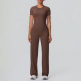 Cross-border double-sided brushed solid color tight-fitting training long-sleeve wide-leg yoga outfit set for sports, running, and fitness two-piece set