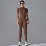 New solid color zippered tight-fitting high-elastic short-sleeved jumpsuit for sports, fitness, running, and yoga