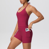 Cross-border solid color brushed fabric backless tight-fitting halter neck pocket yoga outfit set with sports running shorts two-piece set