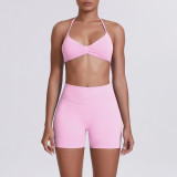 Cross-border seamless solid color halter neck bra and shorts yoga outfit set, tight-fitting running and fitness two-piece set