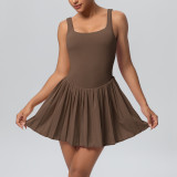 Cross-border European and American style seamless two-piece sports dress with anti-exposure pockets, suitable for outdoor running, fitness, and tennis