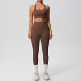 European and American cross-border yoga double-sided brushed vest with shockproof pocket pants, Pilates running fitness yoga two-piece set