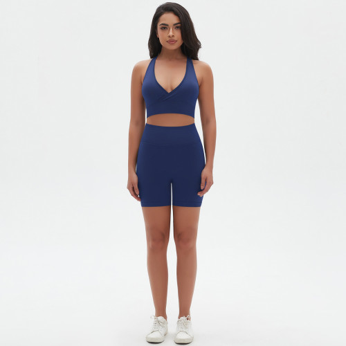 Cross-border seamless knitted high-elastic tight-fitting sexy yoga outfit set with cross-back design for running and fitness, two-piece set