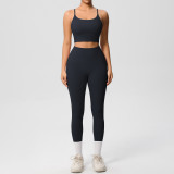 New cross-border double-sided brushed solid color backless tight-fitting breathable yoga outfit set for sports, running, and fitness two-piece set