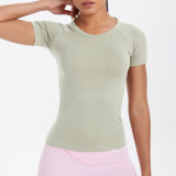 Cross-border European and American seamless knitted solid color breathable tight-fitting short-sleeve T-shirt for sports, running, fitness, and yoga for women