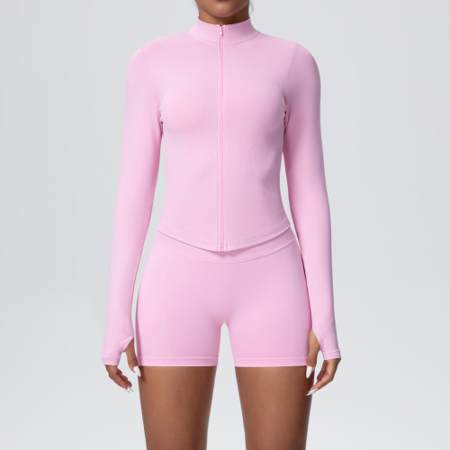New cross-border seamless solid color tight-fitting high-elastic breathable zippered sports suit two-piece set for running, fitness, and yoga