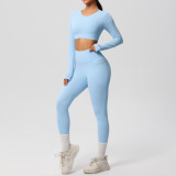 In-stock cross-border solid color double-sided brushed breathable high-elasticity tight-fitting yoga outfit set for sports, running, and fitness two-piece set