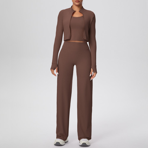 Cross-border solid color brushed tight-fitting high-elastic tank top, wide-leg long pants, three-piece sports running fitness yoga outfit set