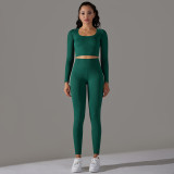 Cross-border European and American seamless knitted solid color jacquard low-cut tight-fitting long-sleeve yoga outfit sports fitness two-piece set