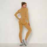 European and American style ruched seamless yoga outfit for women, high-waisted peach-colored tight-fitting sports long-sleeve fitness yoga pants two-piece set