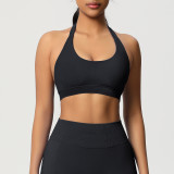 Cross-border solid color seamless backless high-elasticity tight-fitting halter neck sports bra for running, fitness, and yoga for women