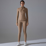 New style no-underwear required double-sided nylon yoga outfit set, solid color zippered hooded sports jacket, running and fitness set
