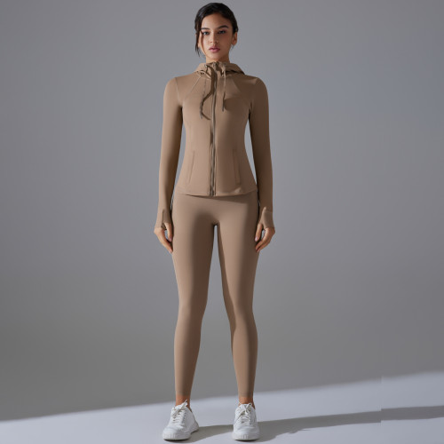 New style no-underwear required double-sided nylon yoga outfit set, solid color zippered hooded sports jacket, running and fitness set